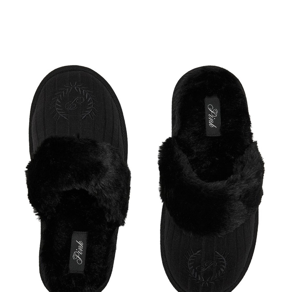 Victoria Secret PINK Cozy Black Faux Fur Cable Knit Slippers
